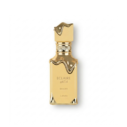 Bottle of Lattafa Eclaire Banoffi EDP fragrance on a white background with soft shadow