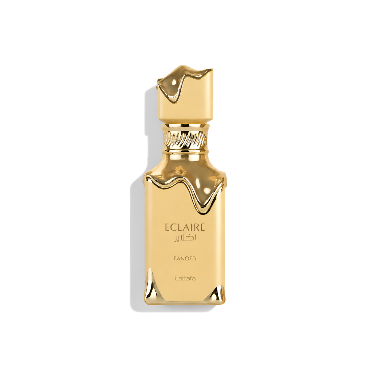 Bottle of Lattafa Eclaire Banoffi EDP fragrance on a white background with soft shadow