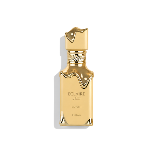 Bottle of Lattafa Eclaire Banoffi EDP fragrance on a white background with soft shadow