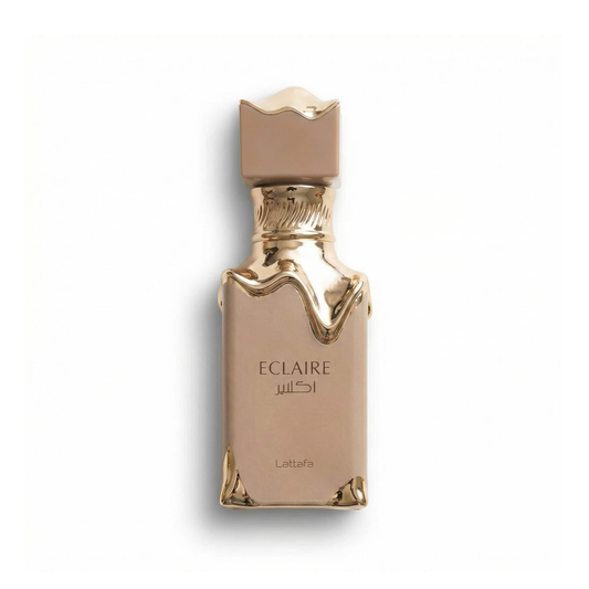 Bottle of Lattafa Eclaire EDP fragrance on a white background with soft shadow