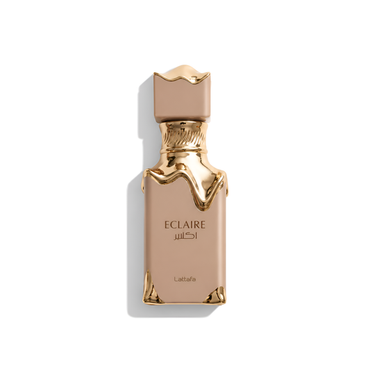 Bottle of Lattafa Eclaire EDP fragrance on a white background with soft shadow