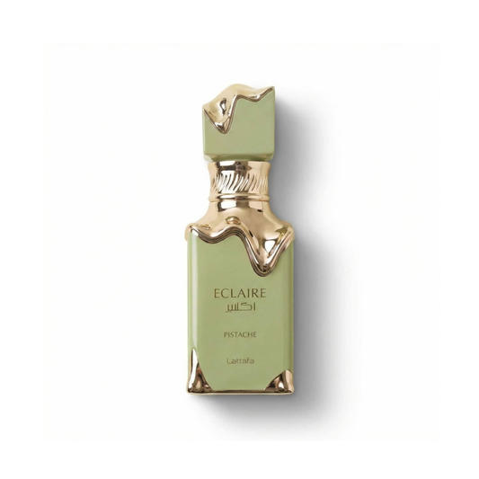 Bottle of Lattafa Eclaire Pistache EDP fragrance on a white background with soft shadow