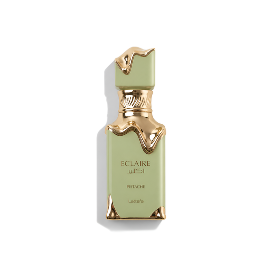 Bottle of Lattafa Eclaire Pistache EDP fragrance on a white background with soft shadow