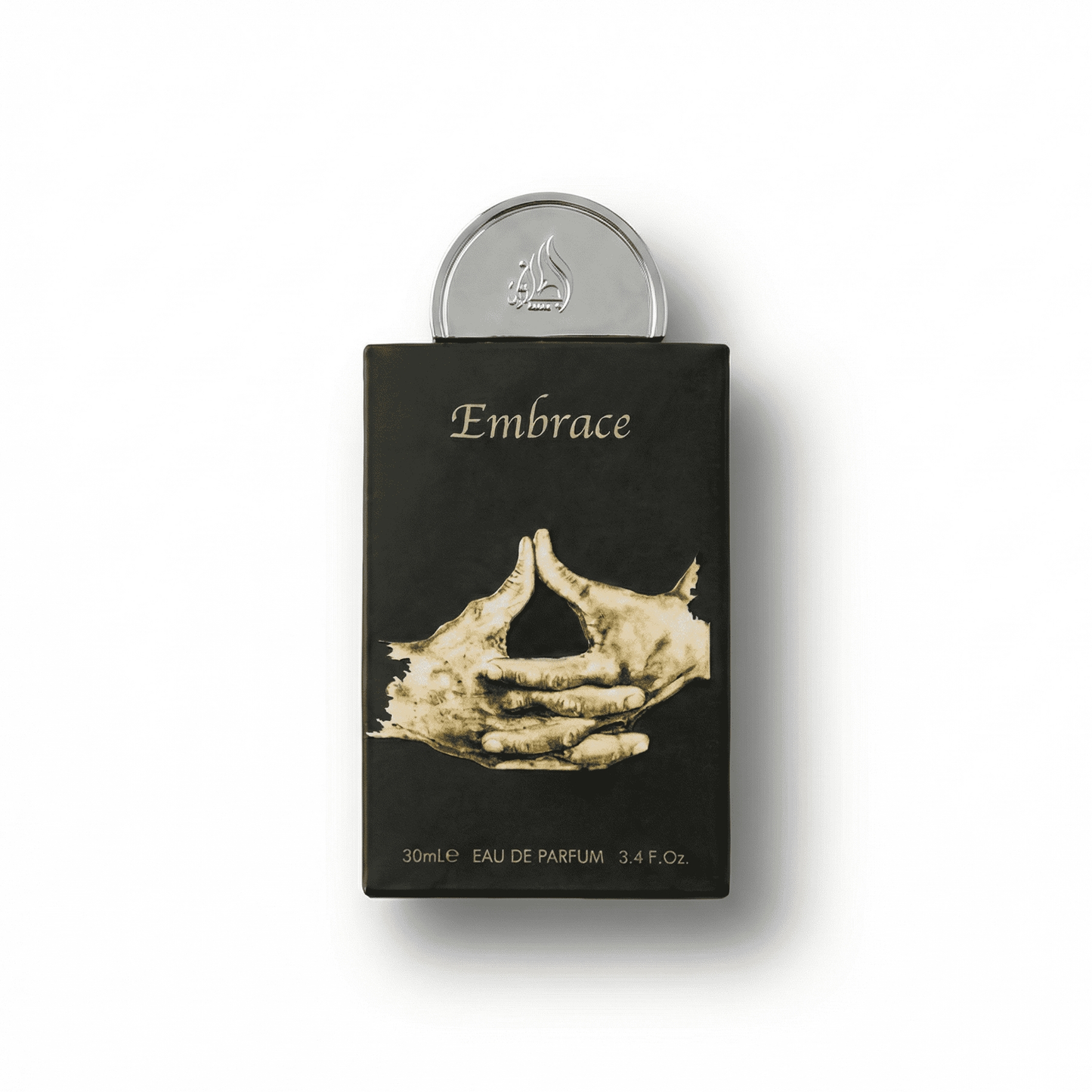 Bottle of Lattafa Embrace EDP fragrance on a white background with soft shadow