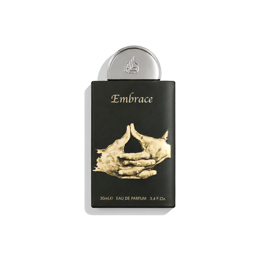 Bottle of Lattafa Embrace EDP fragrance on a white background with soft shadow