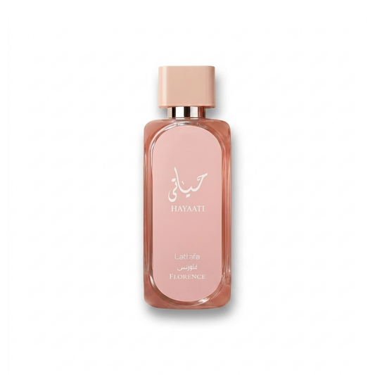 Bottle of Lattafa Hayaati Florence EDP fragrance on a white background with soft shadow