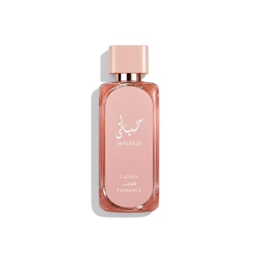 Bottle of Lattafa Hayaati Florence EDP fragrance on a white background with soft shadow