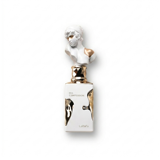 Bottle of Lattafa Her Confession EDP fragrance on a white background with soft shadow