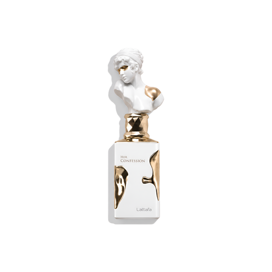 Bottle of Lattafa Her Confession EDP fragrance on a white background with soft shadow