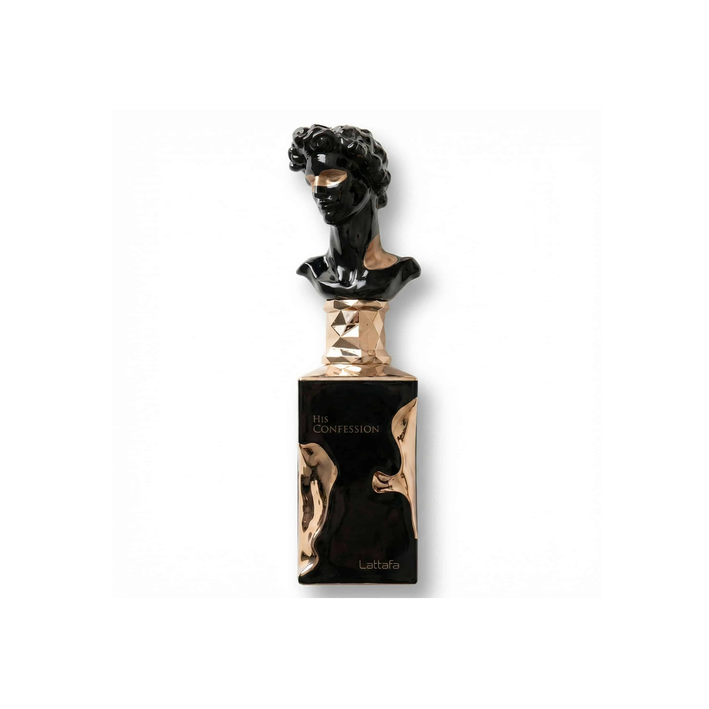 Bottle of Lattafa His Confession EDP fragrance on a white background with soft shadow