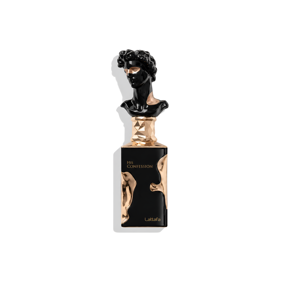 Bottle of Lattafa His Confession EDP fragrance on a white background with soft shadow