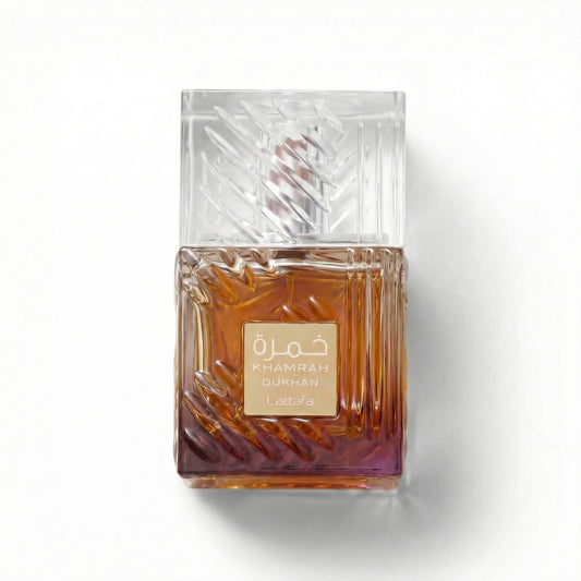 Bottle of Lattafa Khamrah Dukhan EDP fragrance on a white background with soft shadow