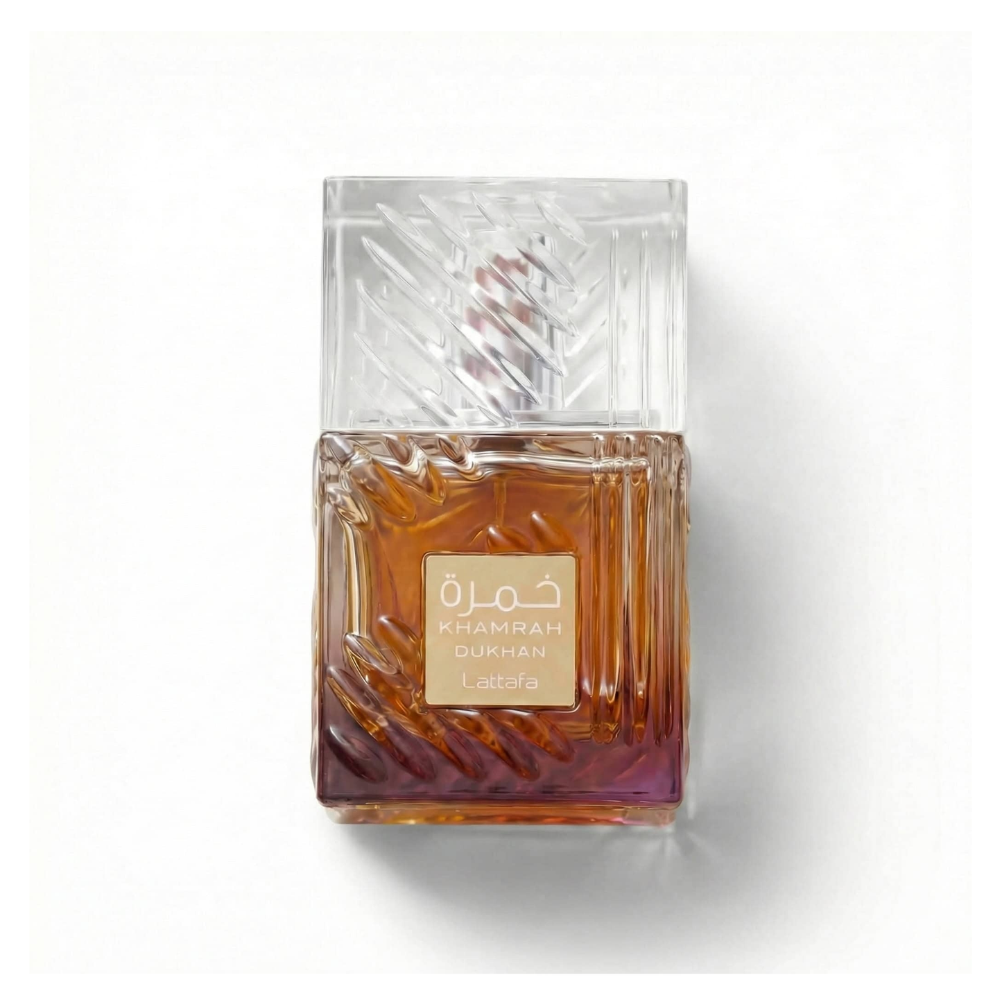 Bottle of Lattafa Khamrah Dukhan EDP fragrance on a white background with soft shadow