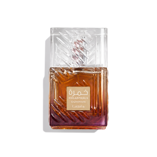 Bottle of Lattafa Khamrah Dukhan EDP fragrance on a white background with soft shadow