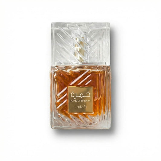 Bottle of Lattafa Khamrah EDP fragrance on a white background with soft shadow