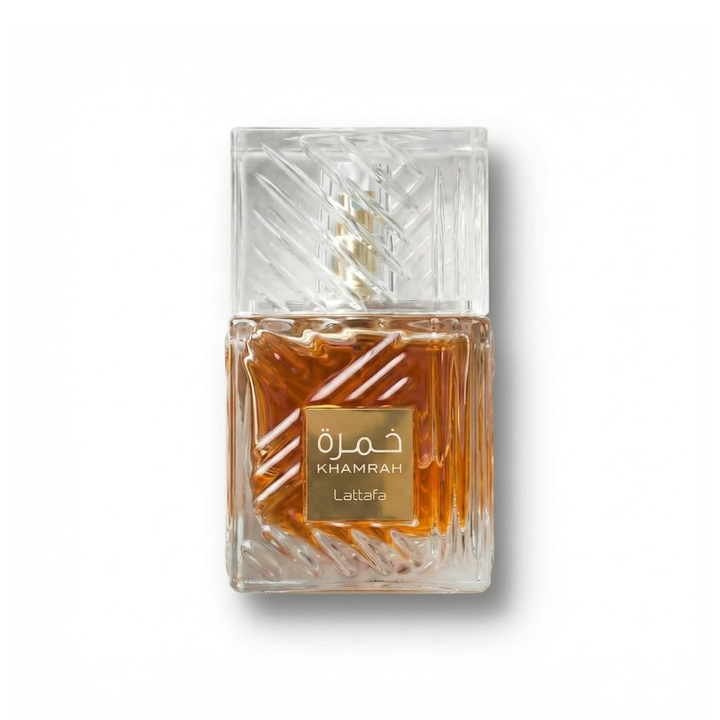 Bottle of Lattafa Khamrah EDP fragrance on a white background with soft shadow