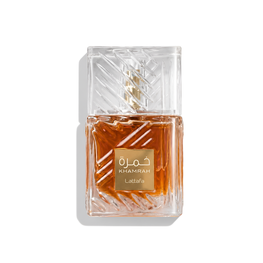 Bottle of Lattafa Khamrah EDP fragrance on a white background with soft shadow