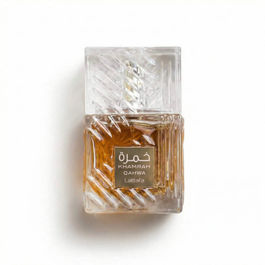 Bottle of Lattafa Khamrah Qahwa EDP fragrance on a white background with soft shadow