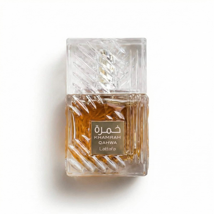 Bottle of Lattafa Khamrah Qahwa EDP fragrance on a white background with soft shadow