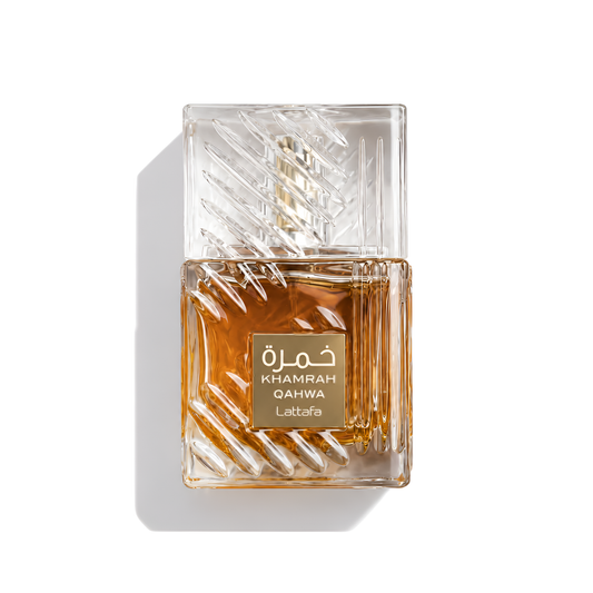 Bottle of Lattafa Khamrah Qahwa EDP fragrance on a white background with soft shadow