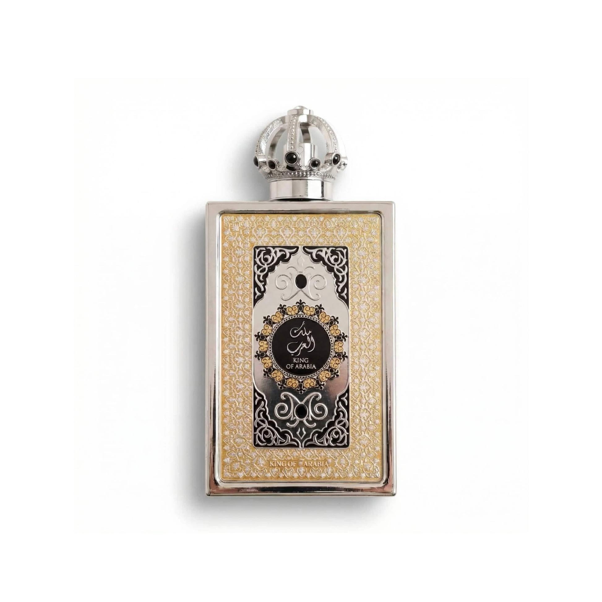 Bottle of Lattafa King of Arabia EDP fragrance on a white background with soft shadow