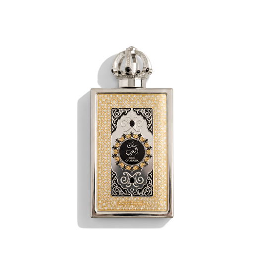 Bottle of Lattafa King of Arabia EDP fragrance on a white background with soft shadow