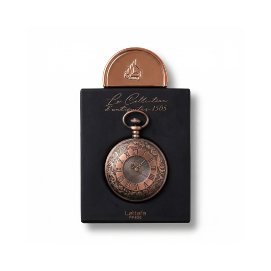 Bottle of Lattafa La Collection d'antiquites 1505 EDP fragrance on a white background with soft shadow