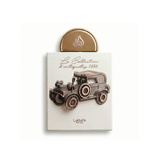 Bottle of Lattafa La Collection d'antiquites 1886 EDP fragrance on a white background with soft shadow