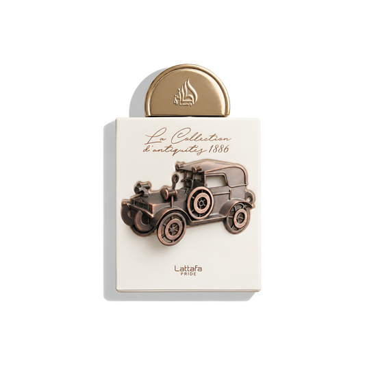 Bottle of Lattafa La Collection d'antiquites 1886 EDP fragrance on a white background with soft shadow