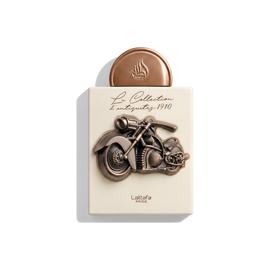 Bottle of Lattafa La Collection d'antiquites 1910 EDP fragrance on a white background with soft shadow