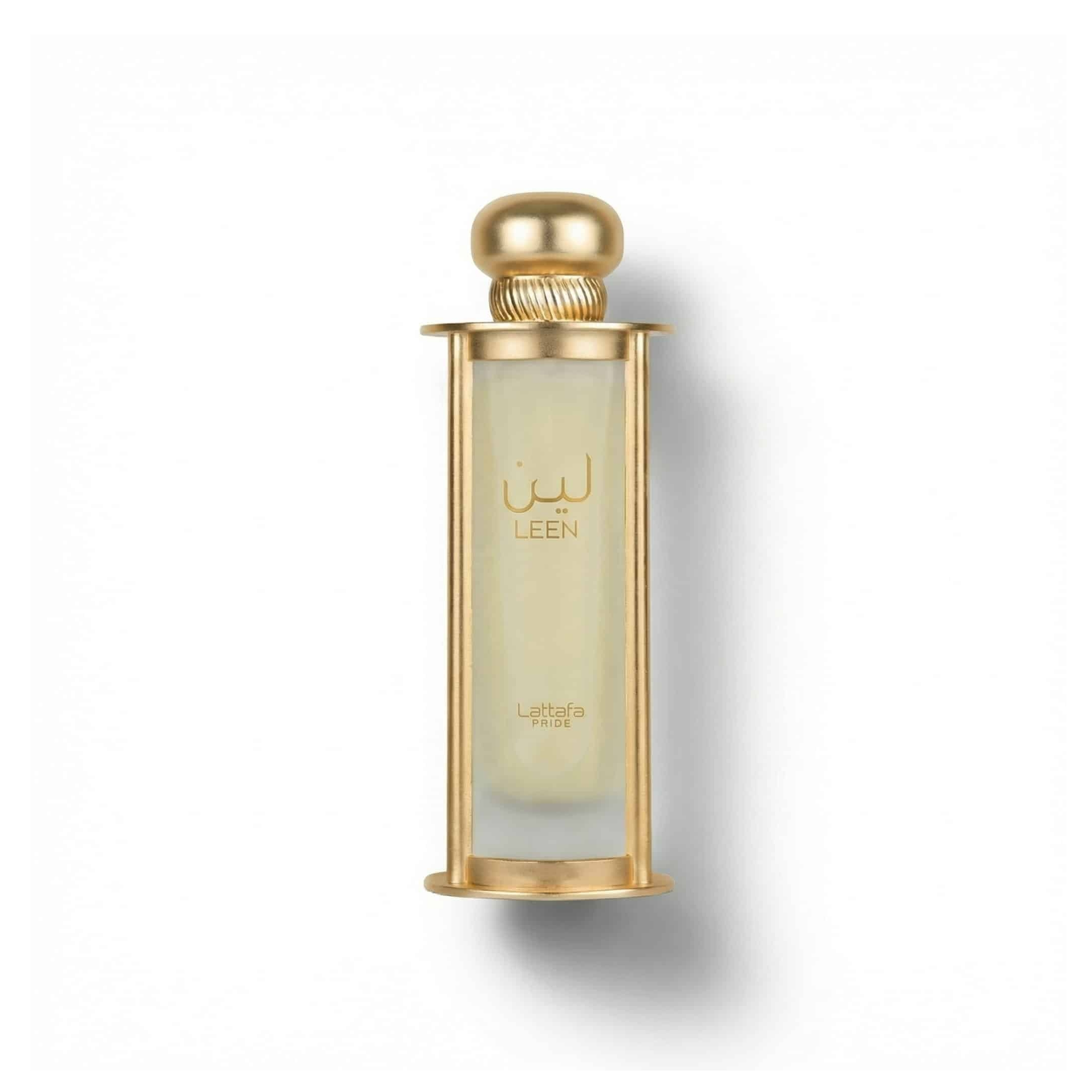 Bottle of Lattafa Leen EDP fragrance on a white background with soft shadow