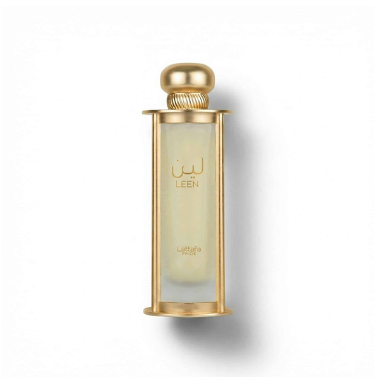 Bottle of Lattafa Leen EDP fragrance on a white background with soft shadow