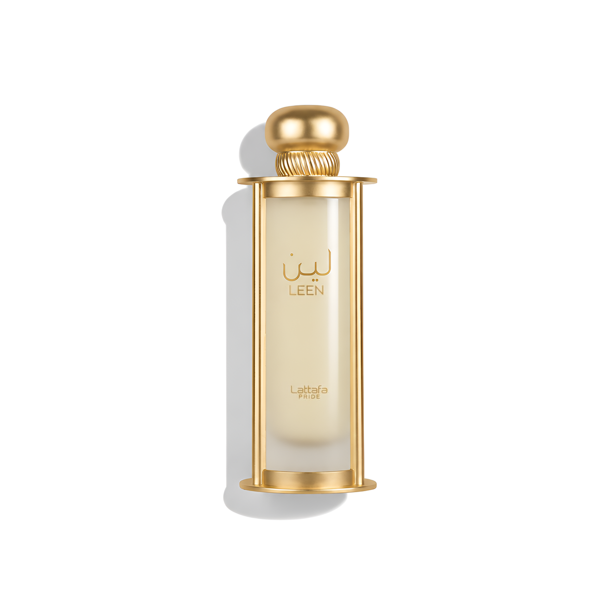 Bottle of Lattafa Leen EDP fragrance on a white background with soft shadow