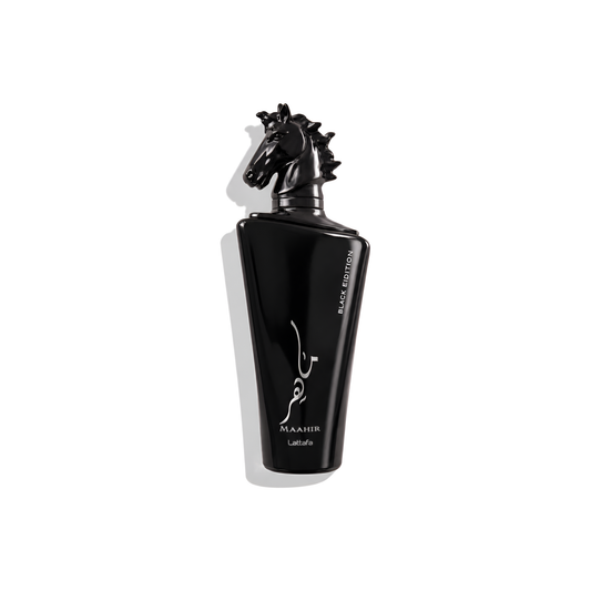 Bottle of Lattafa Maahir Black Edition EDP fragrance on a white background with soft shadow