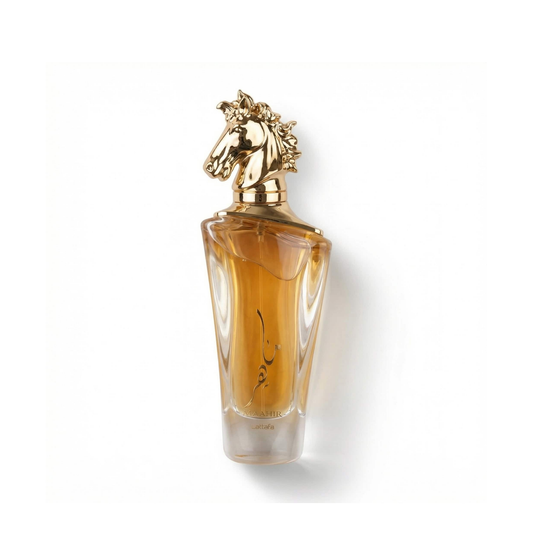 Bottle of Lattafa Maahir EDP fragrance on a white background with soft shadow
