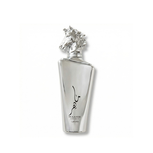 Bottle of Lattafa Maahir Legacy EDP fragrance on a white background with soft shadow