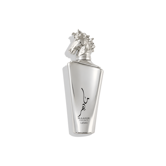 Bottle of Lattafa Maahir Legacy EDP fragrance on a white background with soft shadow