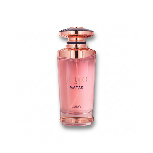 Bottle of Lattafa Mayar EDP fragrance on a white background with soft shadow
