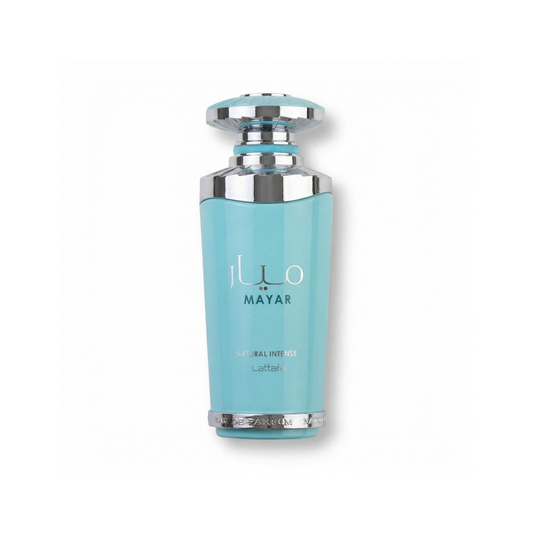 Bottle of Lattafa Mayar Natural Intense EDP fragrance on a white background with soft shadow
