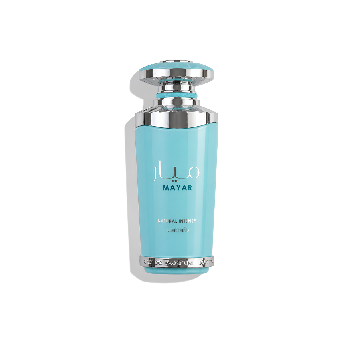 Bottle of Lattafa Mayar Natural Intense EDP fragrance on a white background with soft shadow