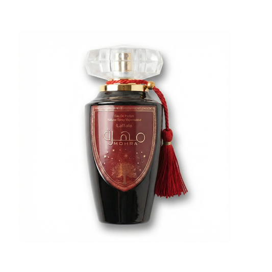 Bottle of Lattafa Mohra EDP fragrance on a white background with soft shadow