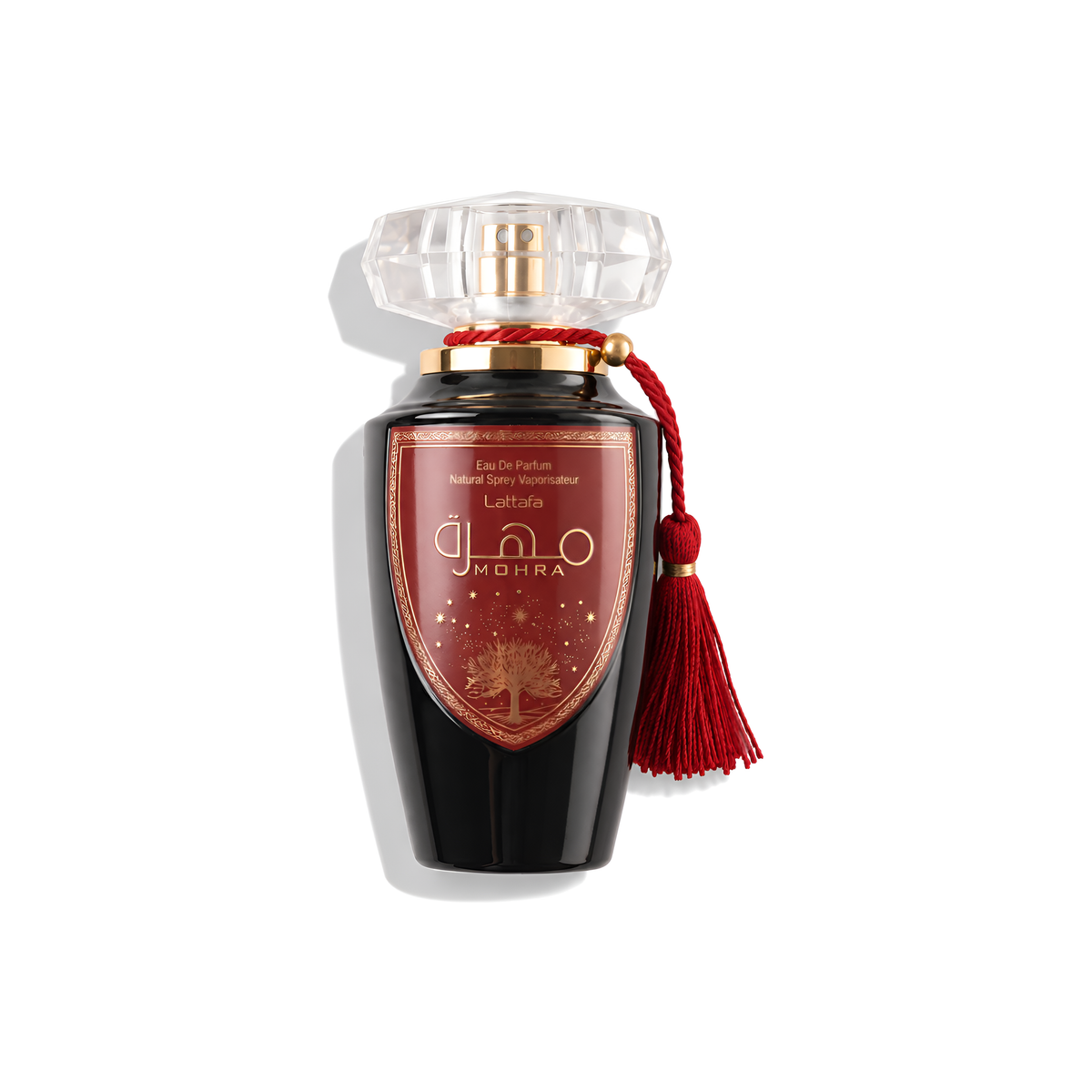 Bottle of Lattafa Mohra EDP fragrance on a white background with soft shadow
