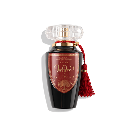 Bottle of Lattafa Mohra EDP fragrance on a white background with soft shadow