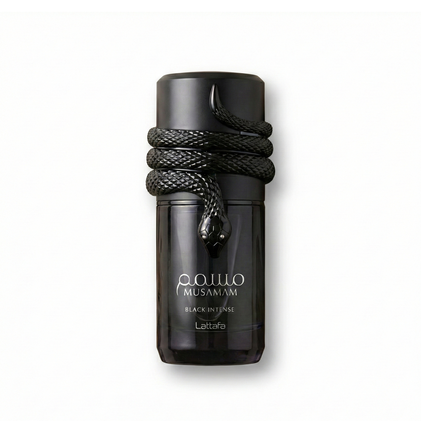 Bottle of Lattafa Musamam Black Intense EDP fragrance on a white background with soft shadow