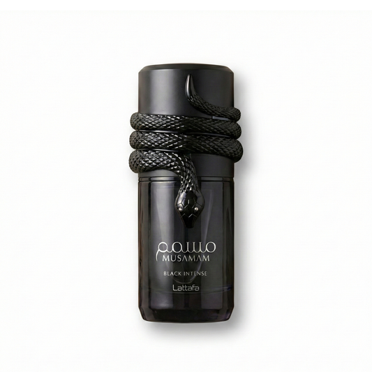 Bottle of Lattafa Musamam Black Intense EDP fragrance on a white background with soft shadow