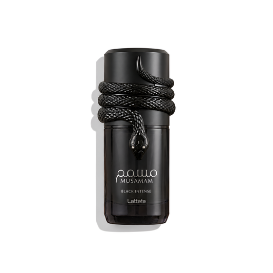 Bottle of Lattafa Musamam Black Intense EDP fragrance on a white background with soft shadow