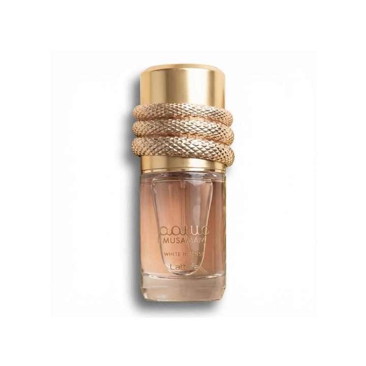 Bottle of Lattafa Musamam White Intense EDP fragrance on a white background with soft shadow