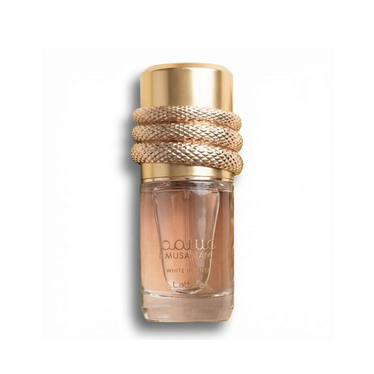 Bottle of Lattafa Musamam White Intense EDP fragrance on a white background with soft shadow