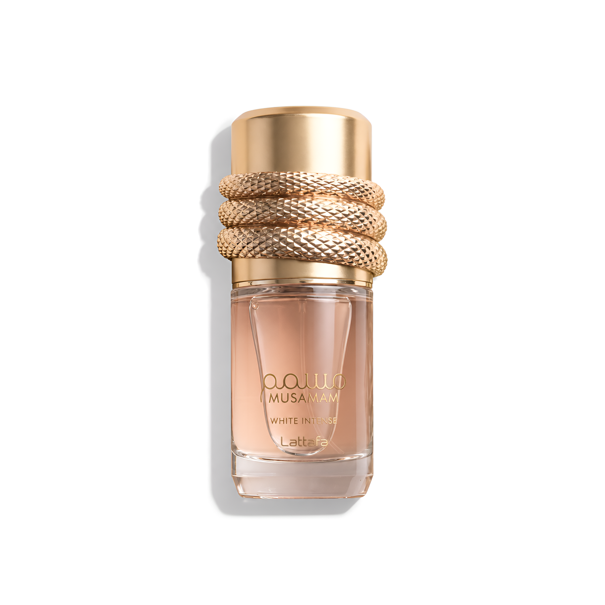 Bottle of Lattafa Musamam White Intense EDP fragrance on a white background with soft shadow