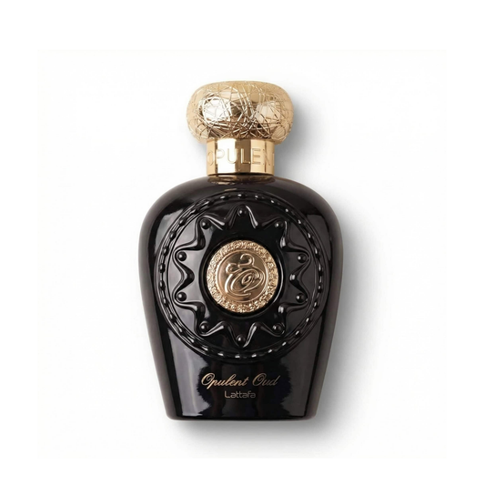 Bottle of Lattafa Opulent Oud EDP fragrance on a white background with soft shadow
